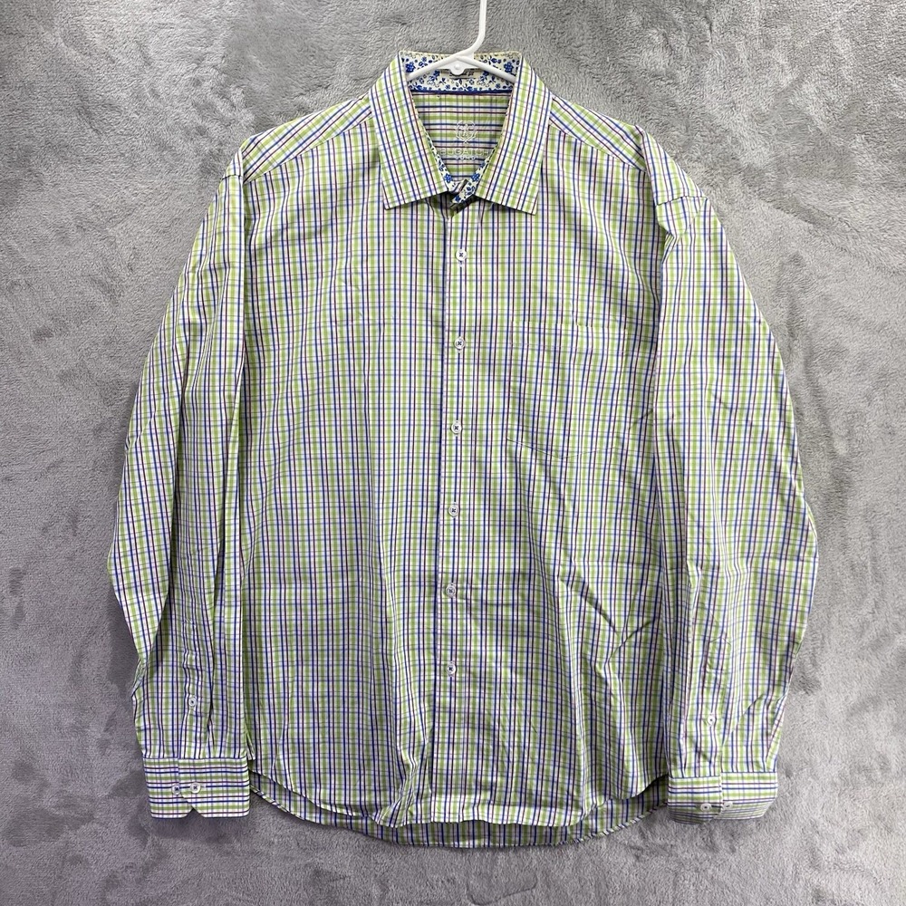Bugatchi Mens Long Sleeve Button Down Shirt Size XL Plaid Check Flip Cuff Cotton